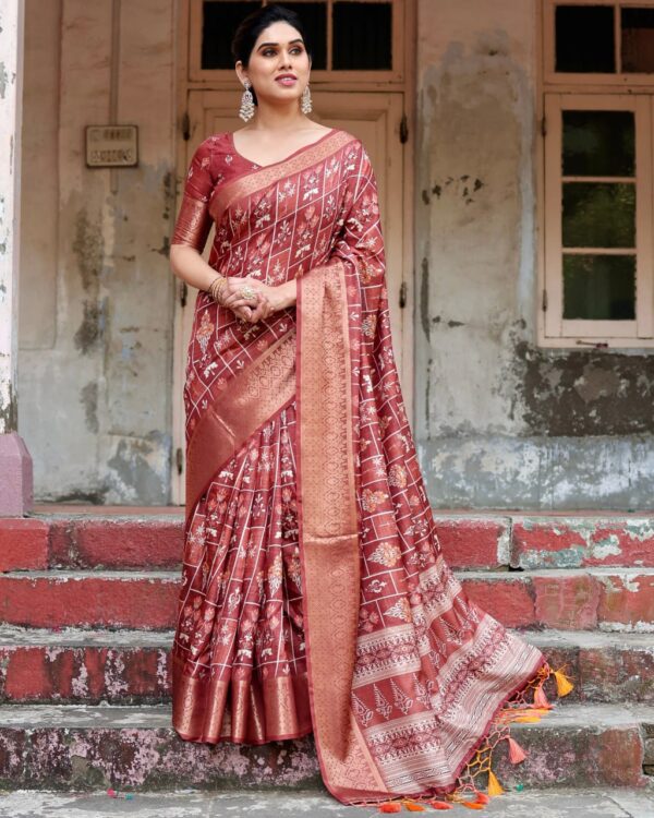 Marron Color Pure Silk Digital Printed Party Wear Saree - Image 9