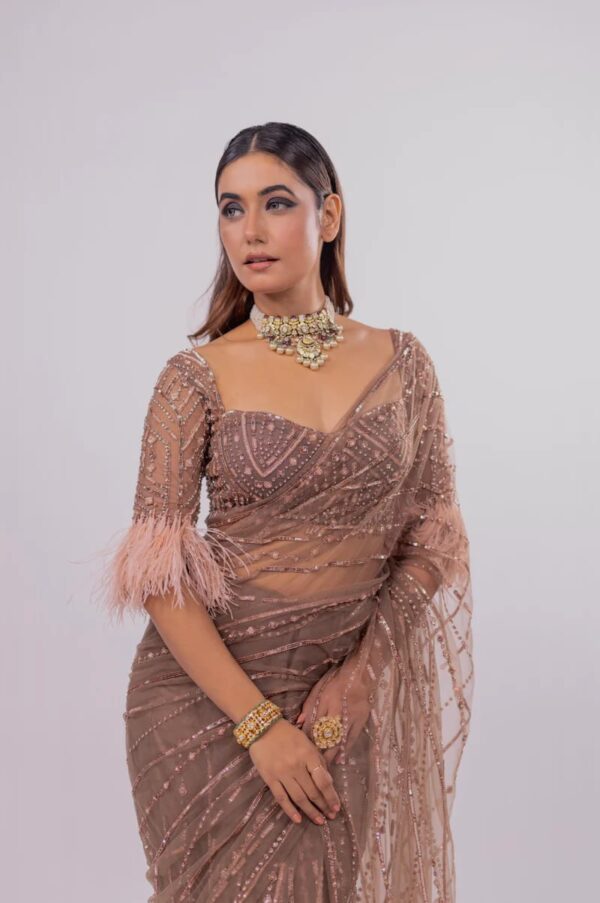 Hand Embroidered Saree with Feathers - Image 10