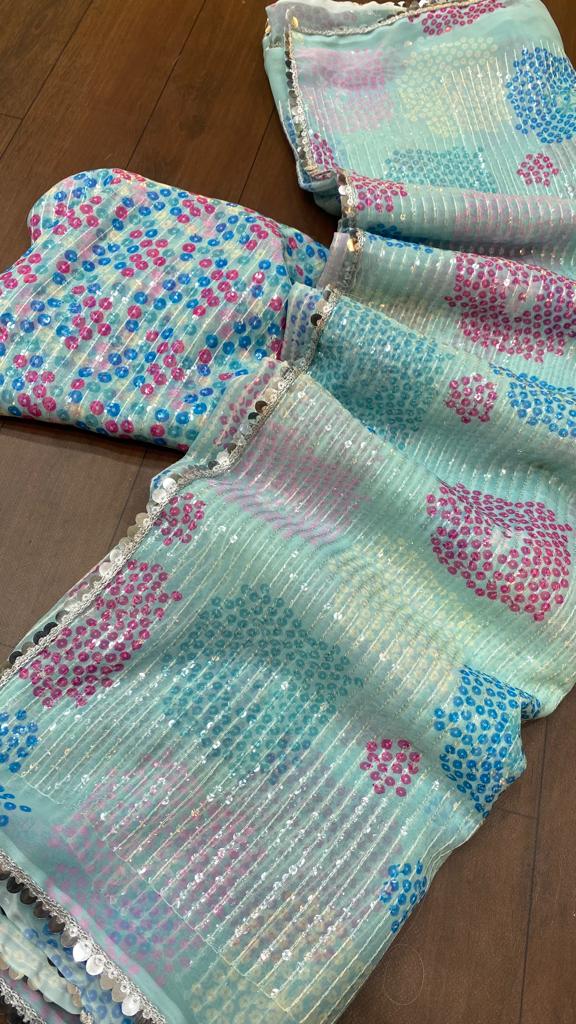 Sea Blue Color Georgette Party Wear Saree - Image 5