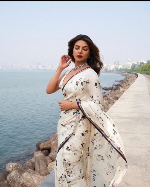 japan satin silk Saree work digital print saree - Image 3