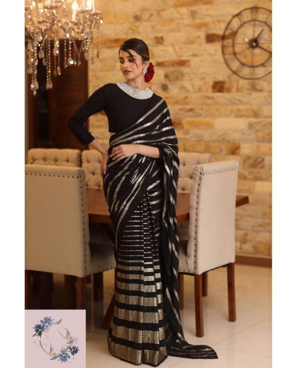 Black Color Georgette Sequence Designer Saree