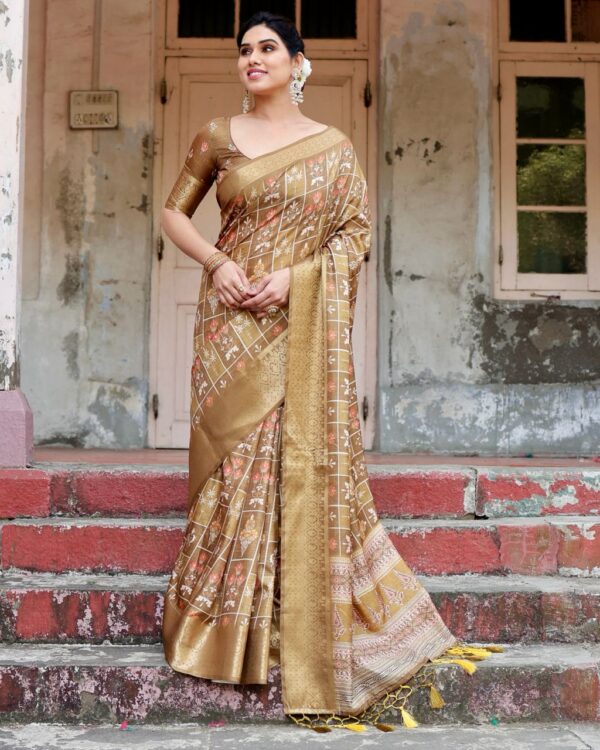 Golden Pure Silk Digitally Digital Printed Party Wear Saree - Image 5