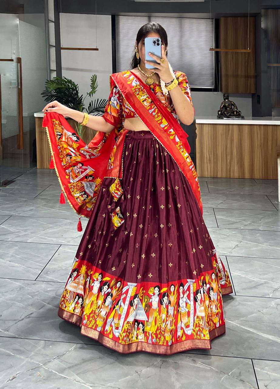 Gorgeous Wine Kalamkari Printed silk Festive Wear Lehenga Choli